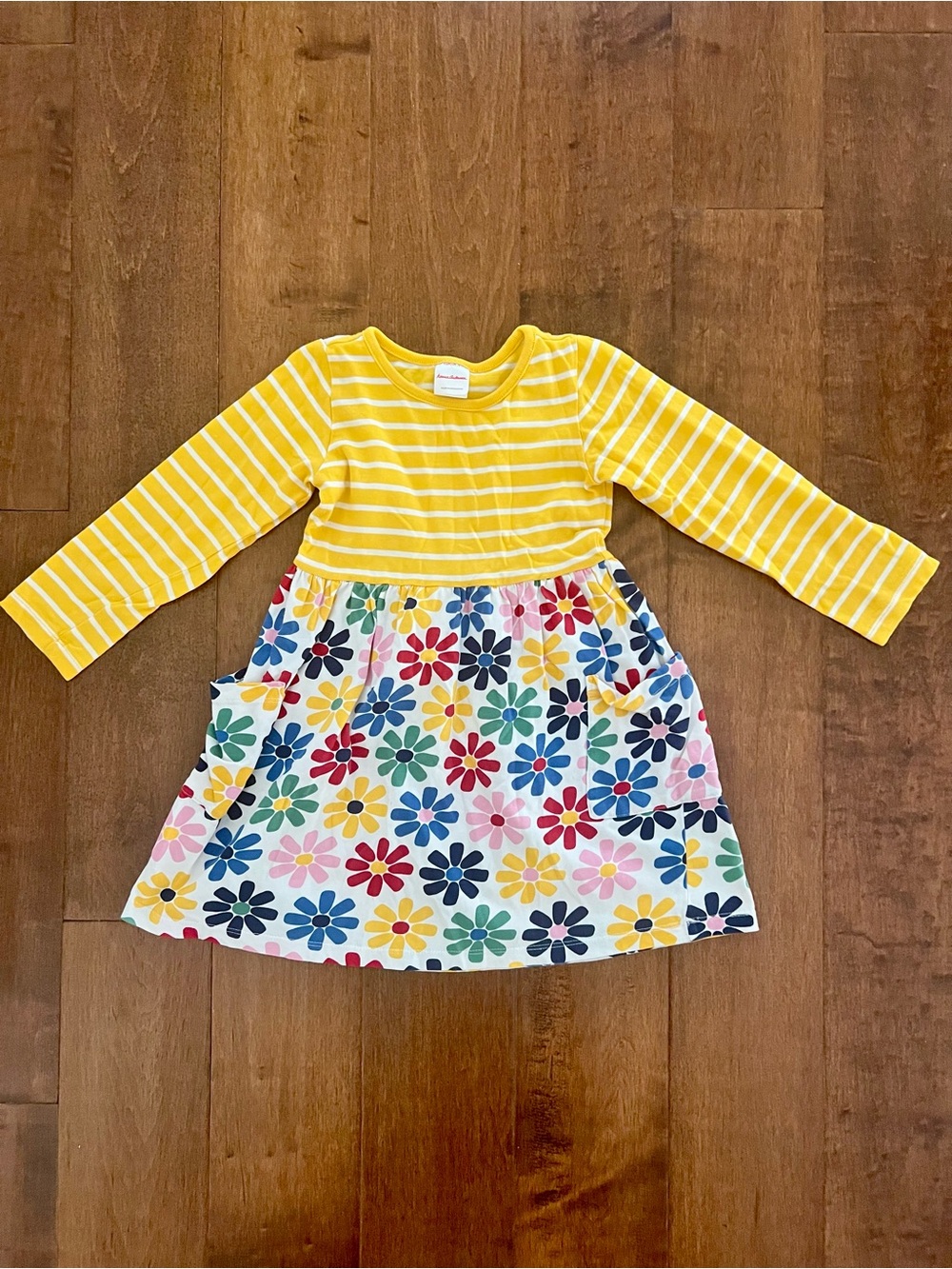 Hanna Andersson long sleeve yellow stripe floral Mixie play dress size 100cm 4